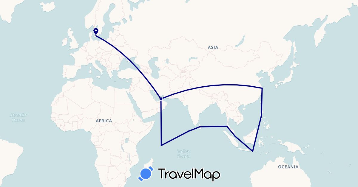 TravelMap itinerary: driving in United Arab Emirates, China, Denmark, Indonesia, Sri Lanka, Maldives, Philippines, Seychelles, Singapore, Thailand (Africa, Asia, Europe)