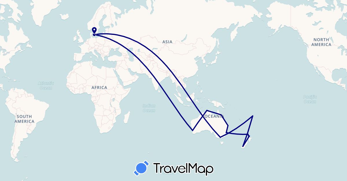 TravelMap itinerary: driving in Australia, Denmark, Fiji, New Zealand (Europe, Oceania)