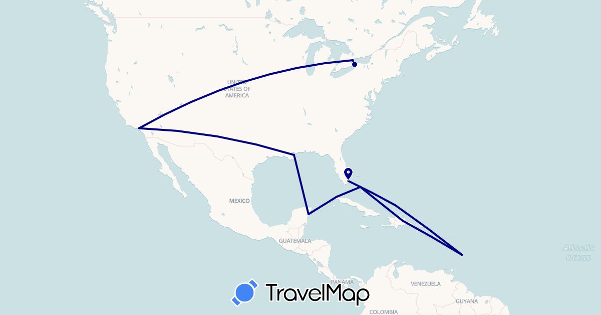 TravelMap itinerary: driving in Barbados, Bahamas, Canada, Cuba, Dominican Republic, Mexico, Turks and Caicos Islands, United States (North America)