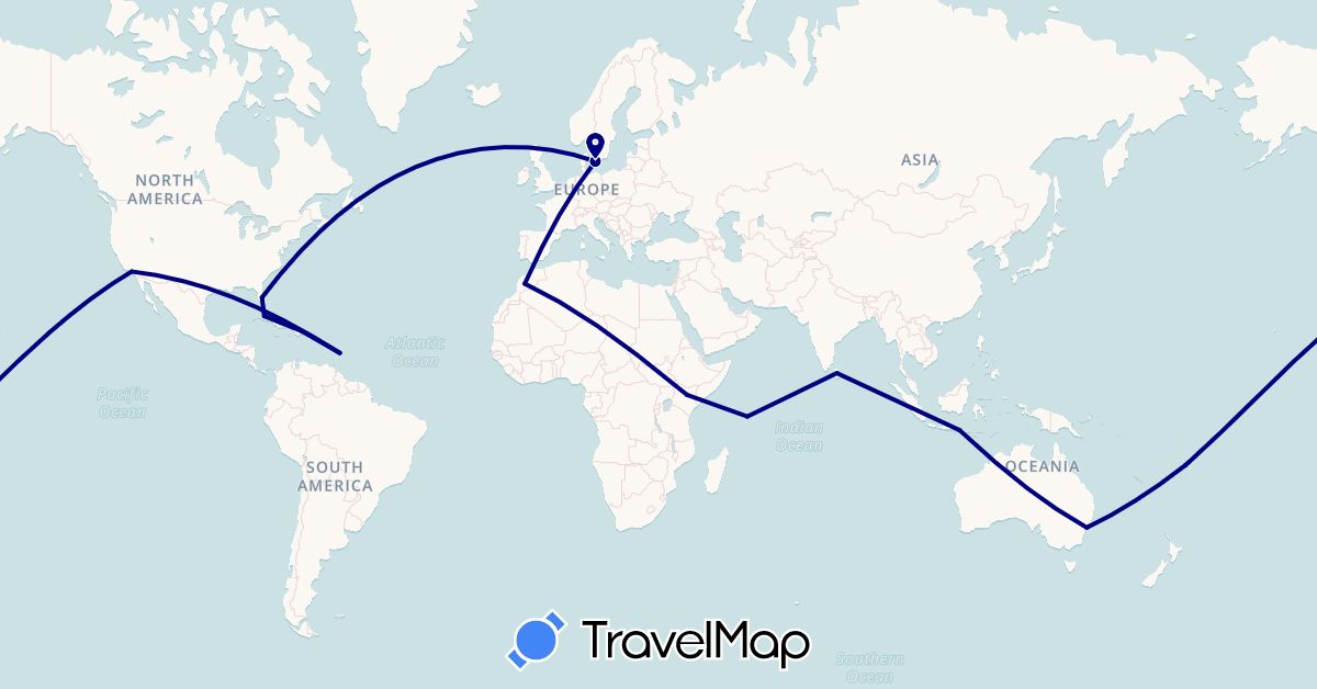 TravelMap itinerary: driving in Australia, Barbados, Cuba, Denmark, Dominican Republic, Fiji, Indonesia, Kenya, Sri Lanka, Morocco, Seychelles, United States (Africa, Asia, Europe, North America, Oceania)